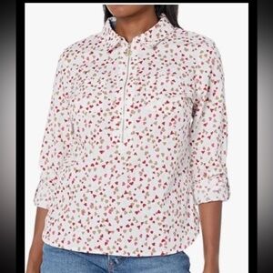 TOMMY HILFIGER HEARTS LONG SLEEVE HALF ZIP ROLL TAB POPOVER SHIRT ~ MISSES LARGE